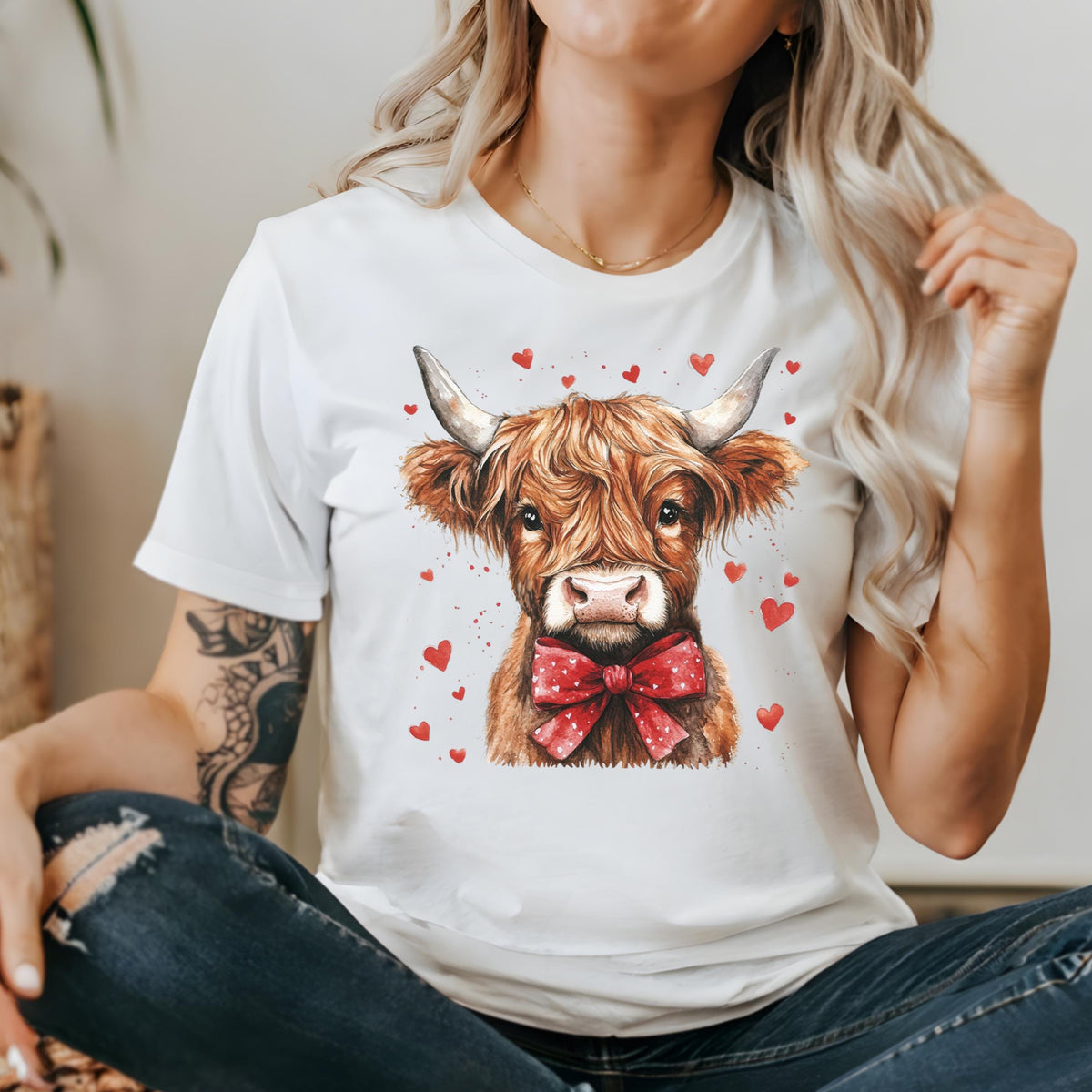 Cute Cow T-Shirt, Highland Cattle Valentine's Day T-Shirt, Valentine's Day T-Shirt, Highland Cow T-Shirt, Coquette Valentine's T-Shirt