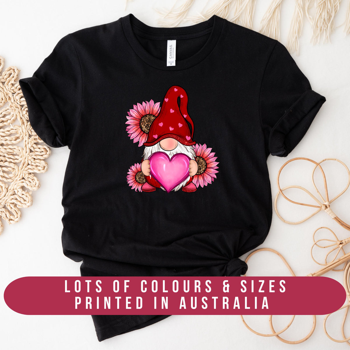 Pink Flower Gnome T-Shirt, Valentine&#39;s Day T-Shirt, Flower T-Shirt, Leopard &amp; Pink Valentine&#39;s T-Shirt, Fashion Women&#39;s T-Shirt, Love Tee