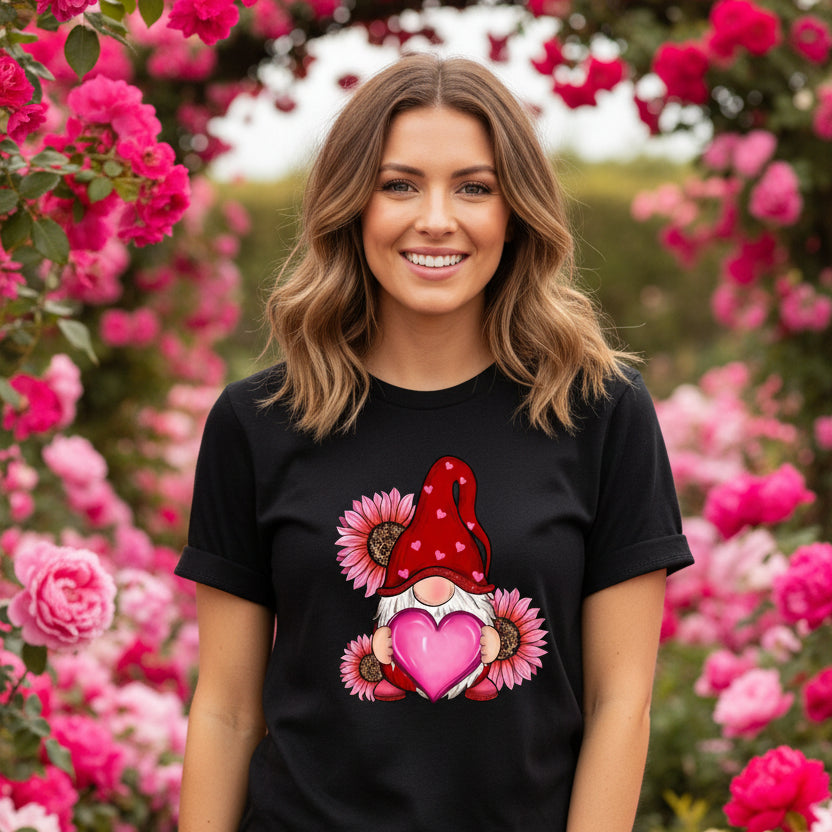 Pink Flower Gnome T-Shirt, Valentine's Day T-Shirt, Flower T-Shirt, Leopard &amp; Pink Valentine's T-Shirt, Fashion Women's T-Shirt, Love Tee