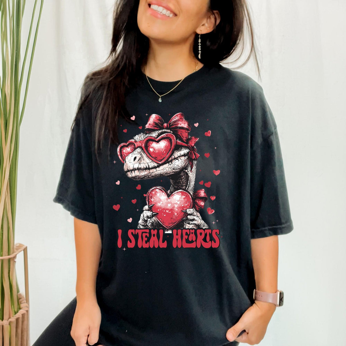 I Steal Hearts T-Shirt, Dinosaur Valentine&#39;s Day T-Shirt, Valentine&#39;s Day T-Shirt, I Steal Hearts Dino T-Shirt, Coquette Valentine&#39;s T-Shirt