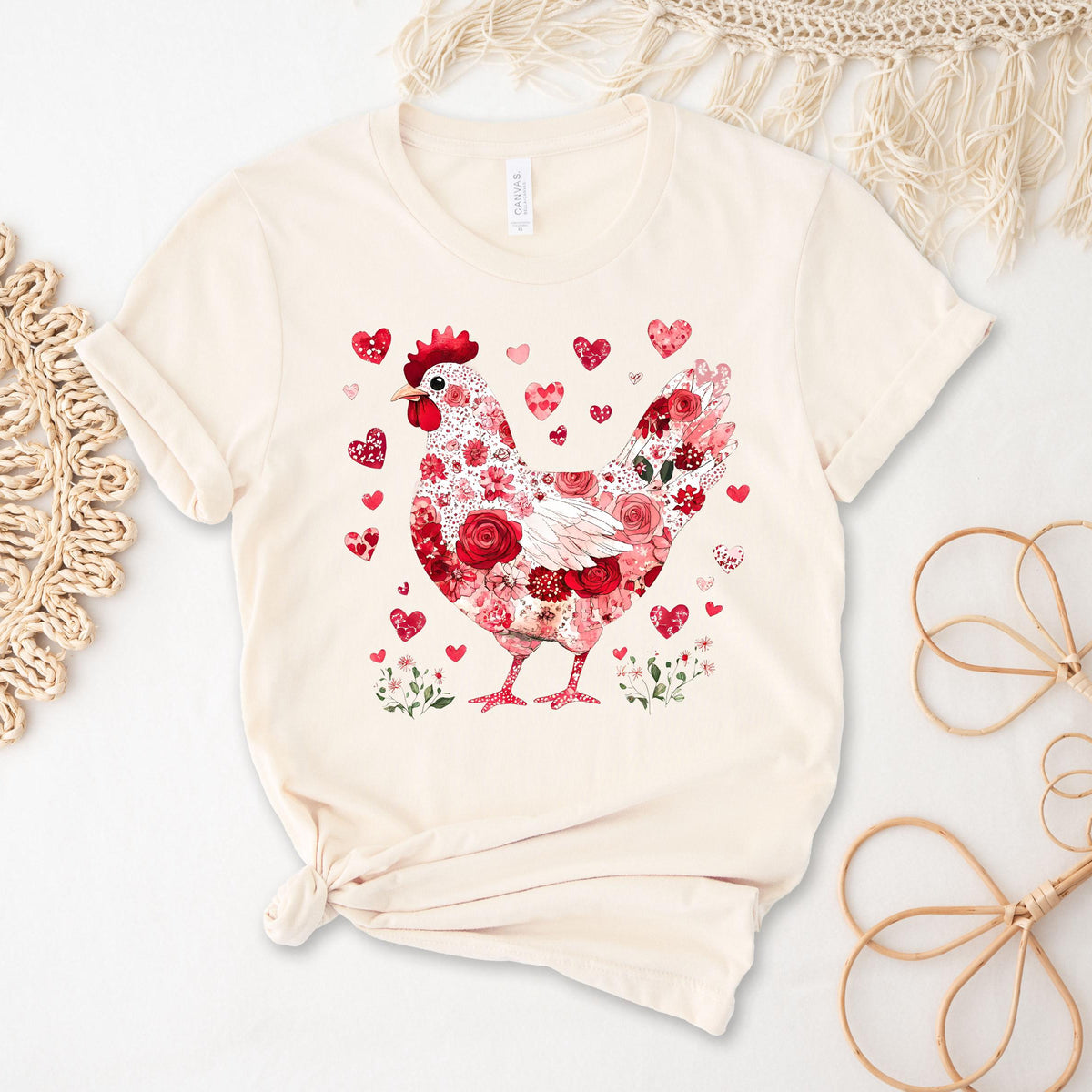 Floral Chicken T-Shirt, Valentine&#39;s Day T-Shirt, Chicken T-Shirt, Pretty Chicken T-Shirt, Coquette Chicken T-Shirt, Flower Chicken T-Shirt