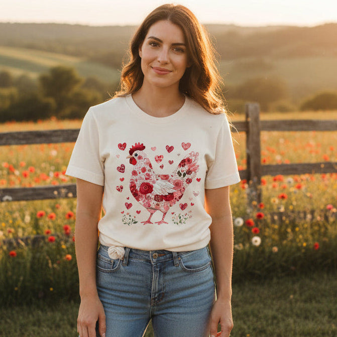 Floral Chicken T-Shirt, Valentine's Day T-Shirt, Chicken T-Shirt, Pretty Chicken T-Shirt, Coquette Chicken T-Shirt, Flower Chicken T-Shirt