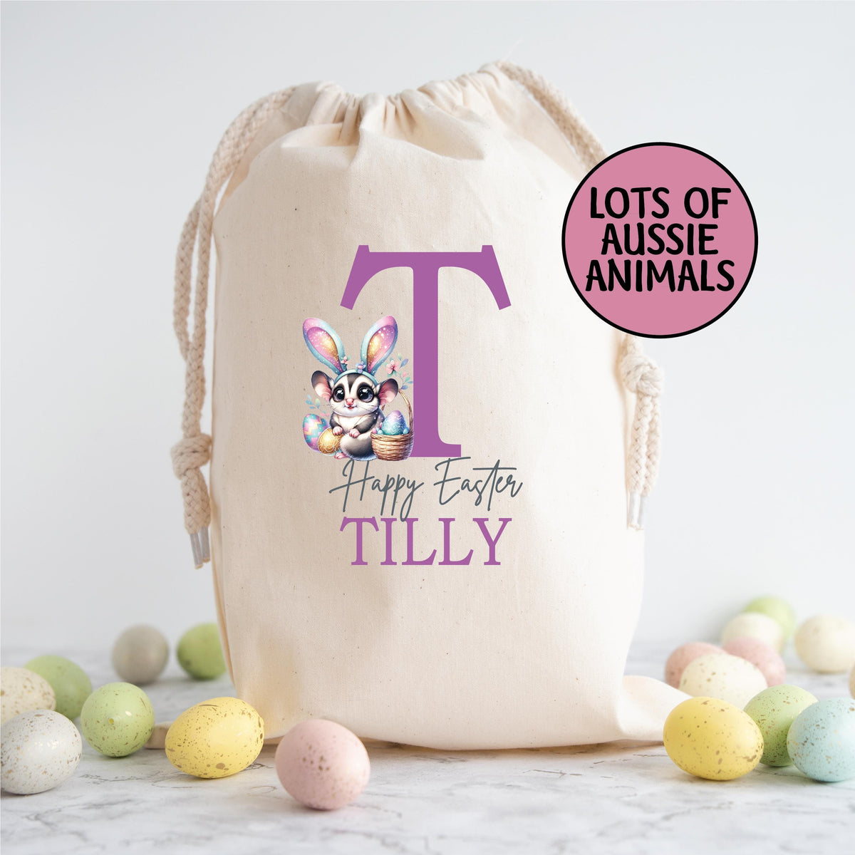 Personalised Easter Sack, Australian Animal Alphabet Egg Hunt Bag, 50cm x 70cm, High Quality Cotton Linen, Easter Gift Bag, Easter Keepsake