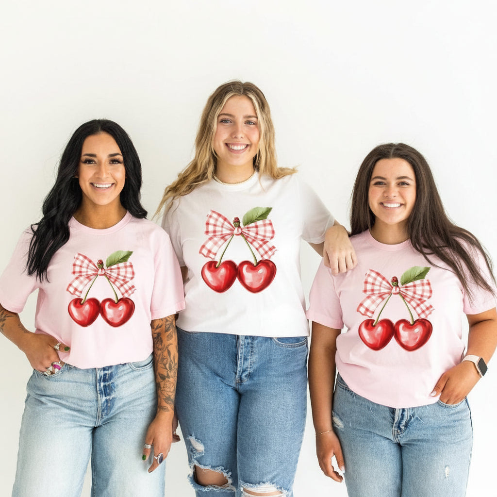 Red Cherry T-Shirt – Red Bow Shirt | Fashion Women's T-Shirt | Fruit Shirt | Bow Coquette | Cherries Tee | Gingham Fashion Tee | Red Hearts