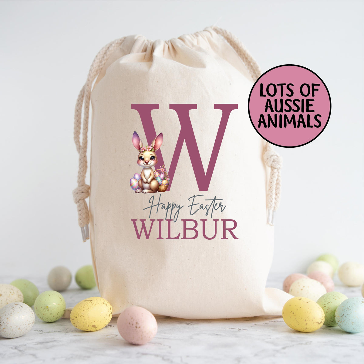 Personalised Easter Sack, Australian Animal Alphabet Egg Hunt Bag, 50cm x 70cm, High Quality Cotton Linen, Easter Gift Bag, Easter Keepsake