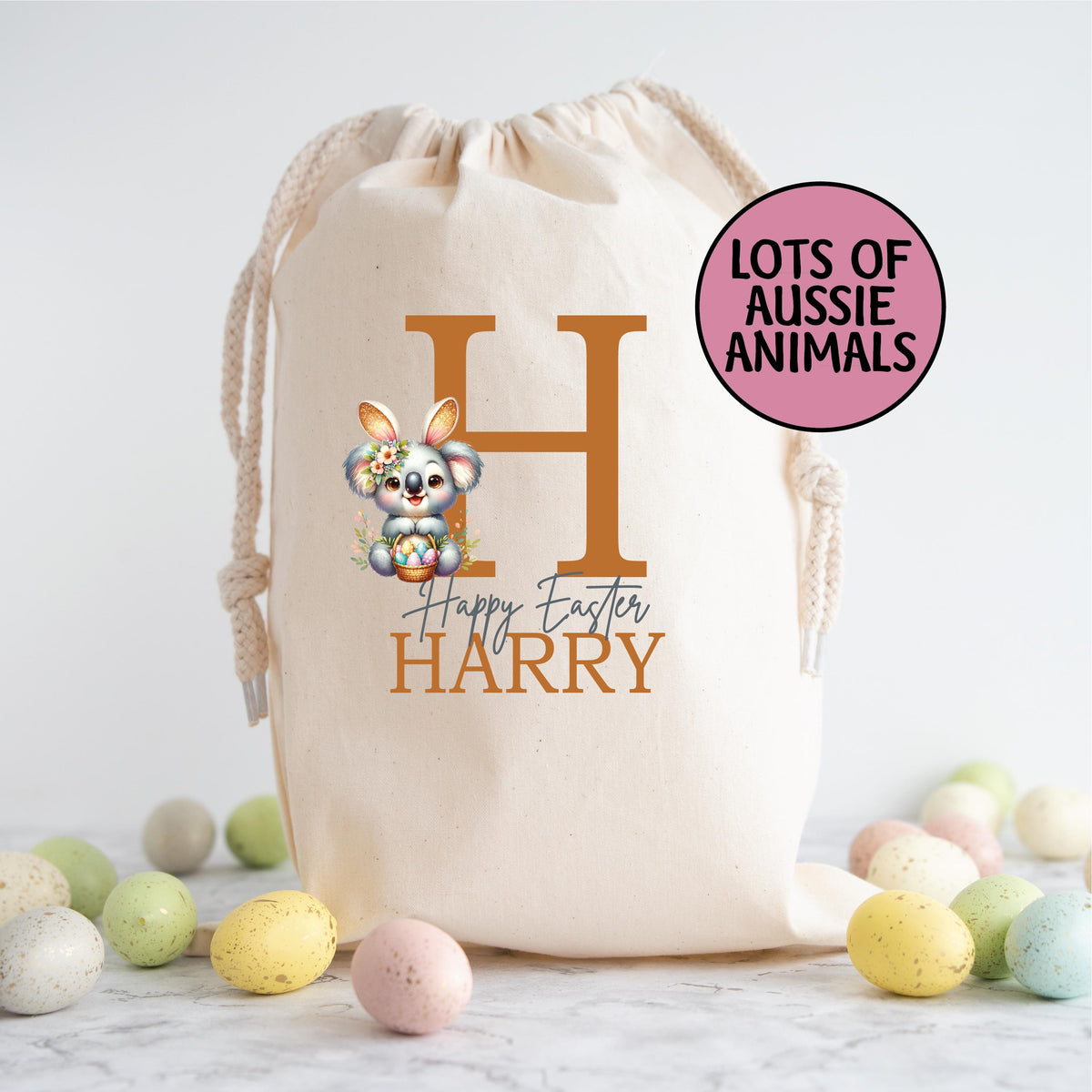 Personalised Easter Sack, Australian Animal Alphabet Egg Hunt Bag, 50cm x 70cm, High Quality Cotton Linen, Easter Gift Bag, Easter Keepsake