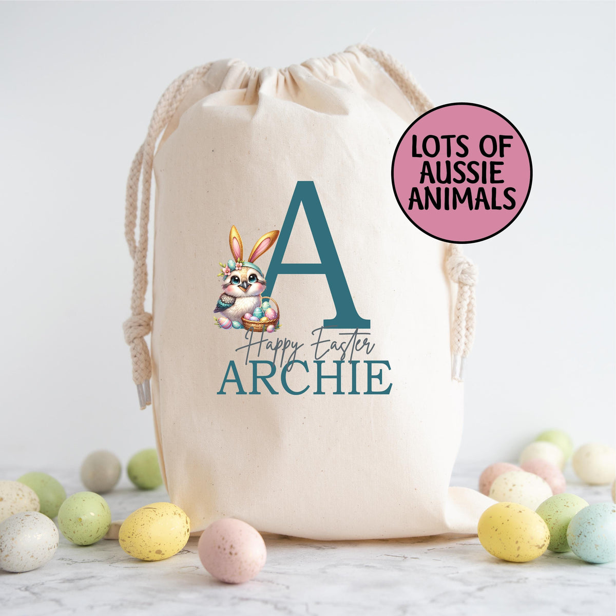 Personalised Easter Sack, Australian Animal Alphabet Egg Hunt Bag, 50cm x 70cm, High Quality Cotton Linen, Easter Gift Bag, Easter Keepsake