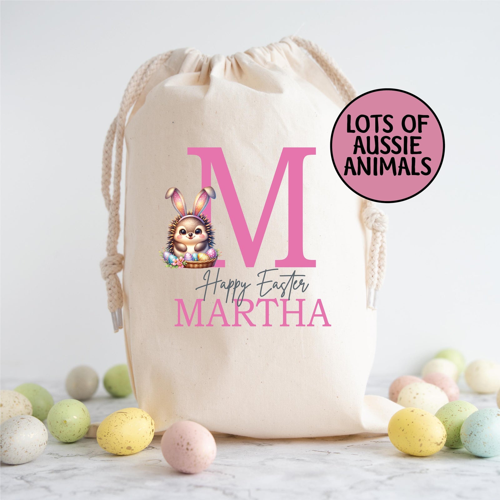 Personalised Easter Sack, Australian Animal Alphabet Egg Hunt Bag, 50cm x 70cm, High Quality Cotton Linen, Easter Gift Bag, Easter Keepsake