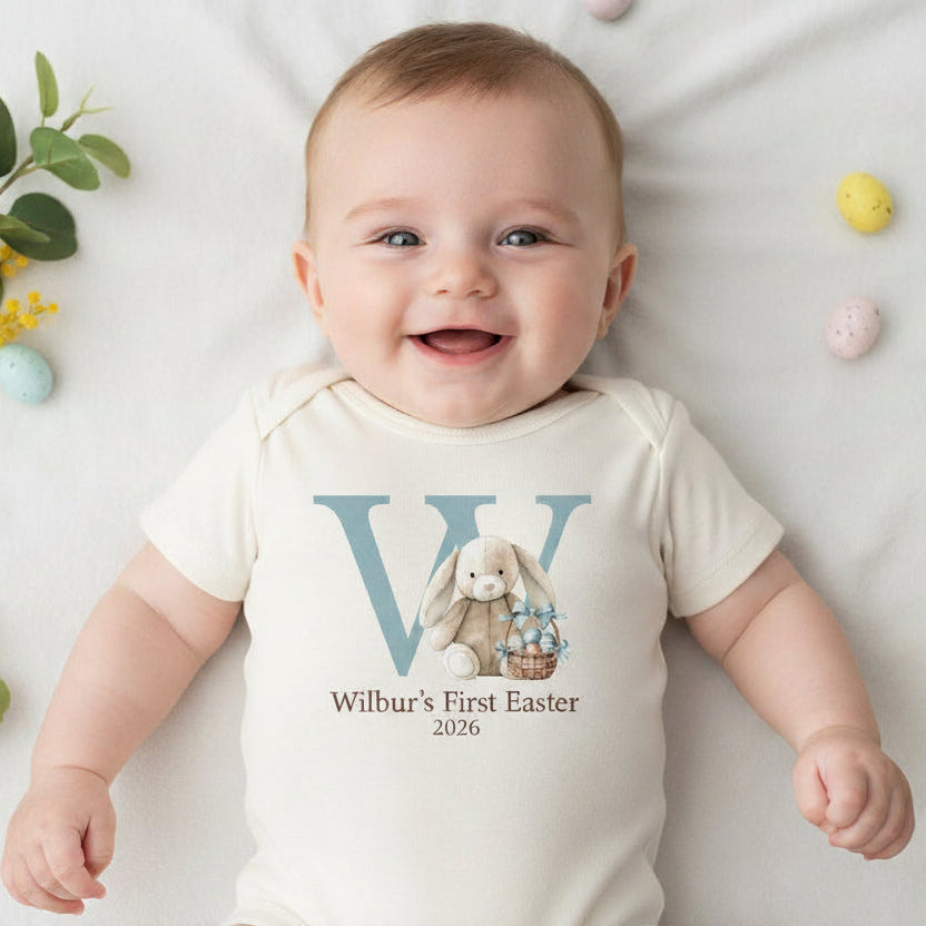 Personalised First Easter 2026 Baby Outfit | Bunny Initial Baby Shirt | Custom Name Baby Bodysuit | First Easter Baby Gift