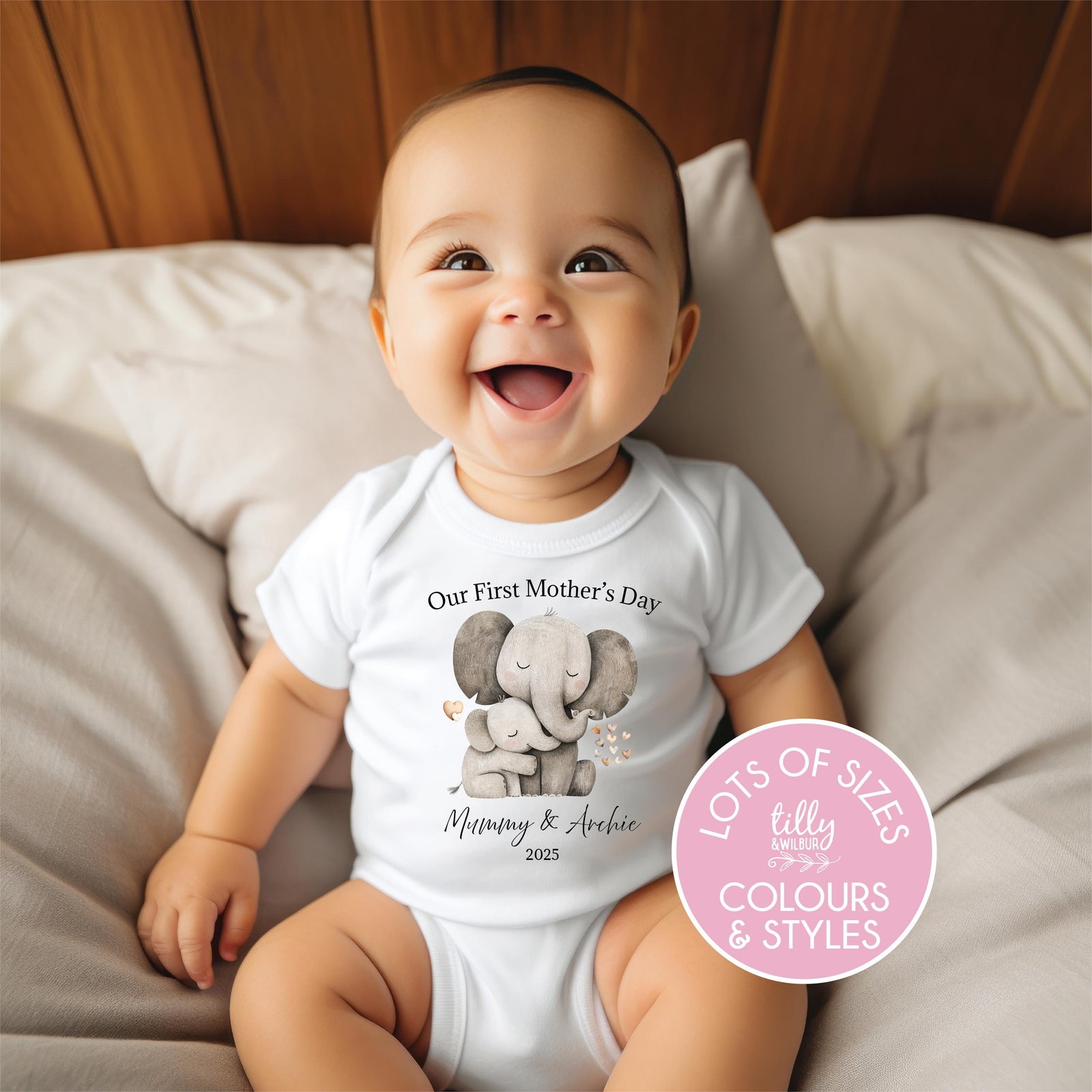 Personalised Our First Mother's Day Bodysuit, 1st Mother's Day Baby Gift, Elephant Mother And Calf, Custom First Mother's Day Baby Outfit