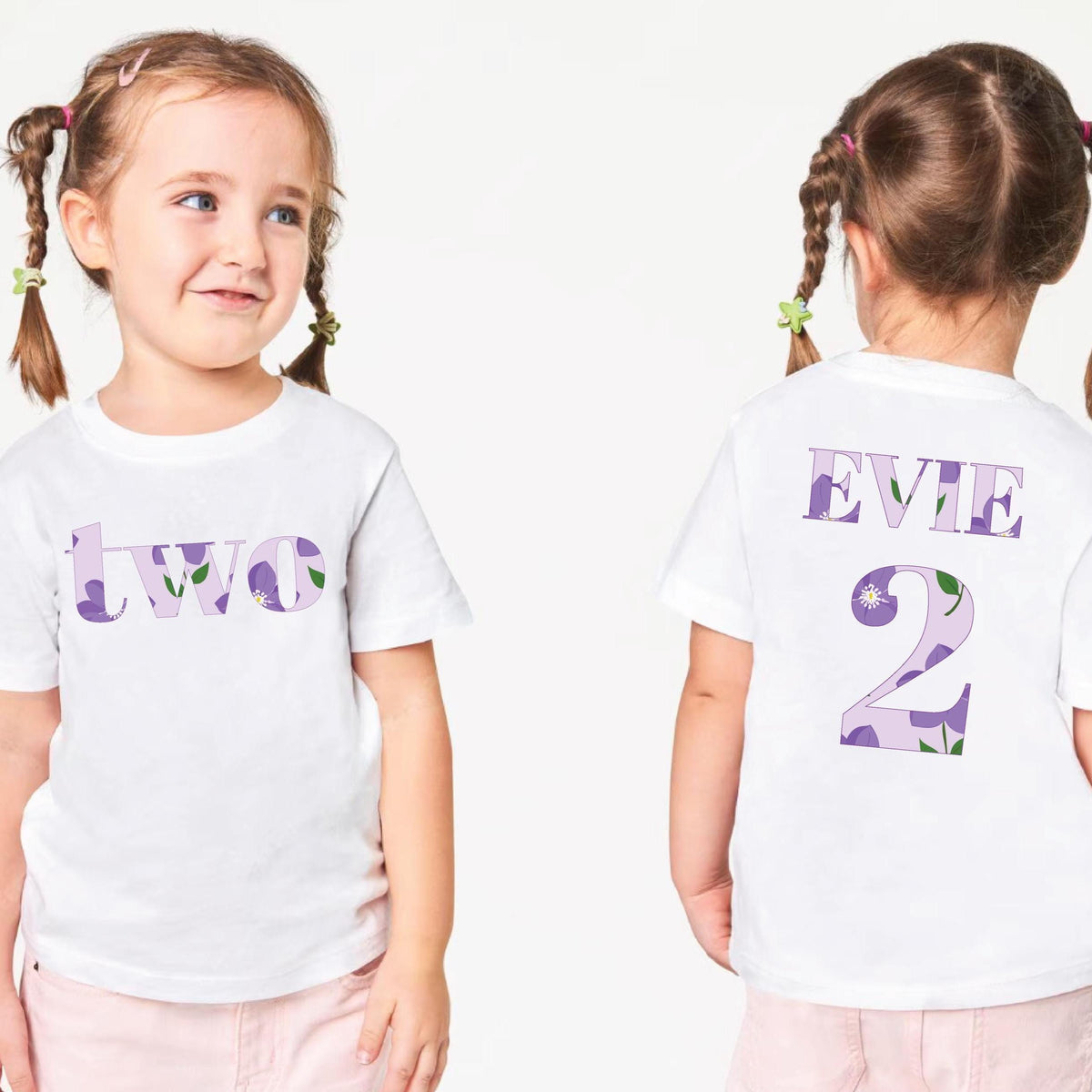 Personalised Two Birthday Shirt, Lilac Floral Age 2 T-Shirt, Custom Name Toddler Birthday Tee, Girl Second Birthday Outfit, Two Pretty