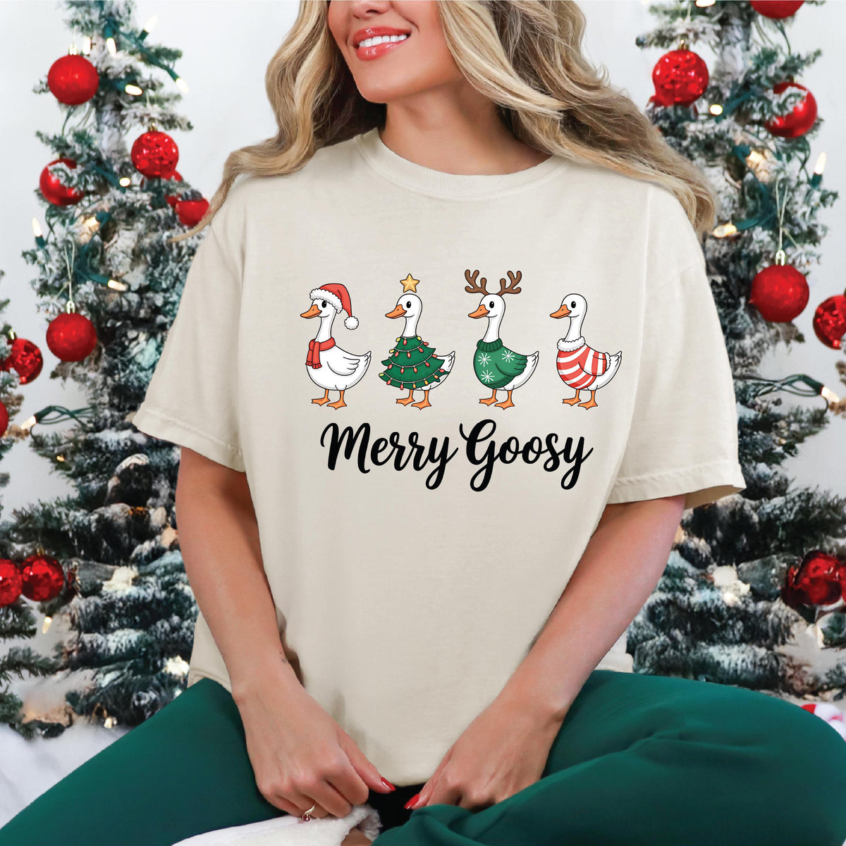 Merry Goosy Christmas T-Shirt, All Sizes, Cute Goose Holiday Tee Funny Festive Top