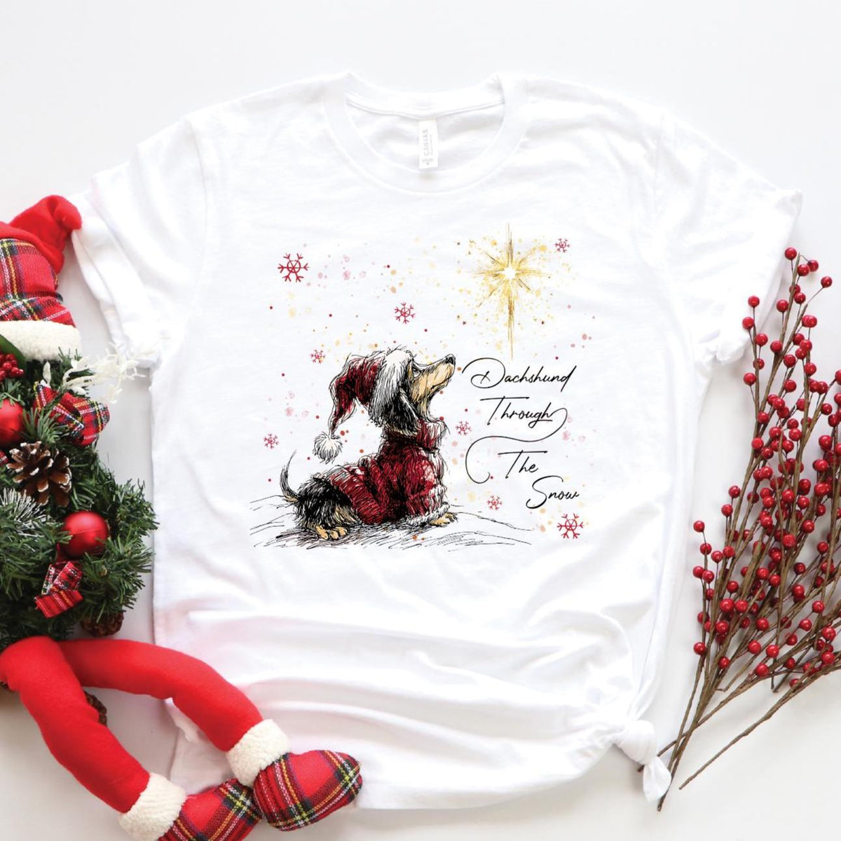 Dachshund Through The Snow Christmas T-Shirt, Sausage Dog Xmas Tee, Cute Dachshund Chrissy Top