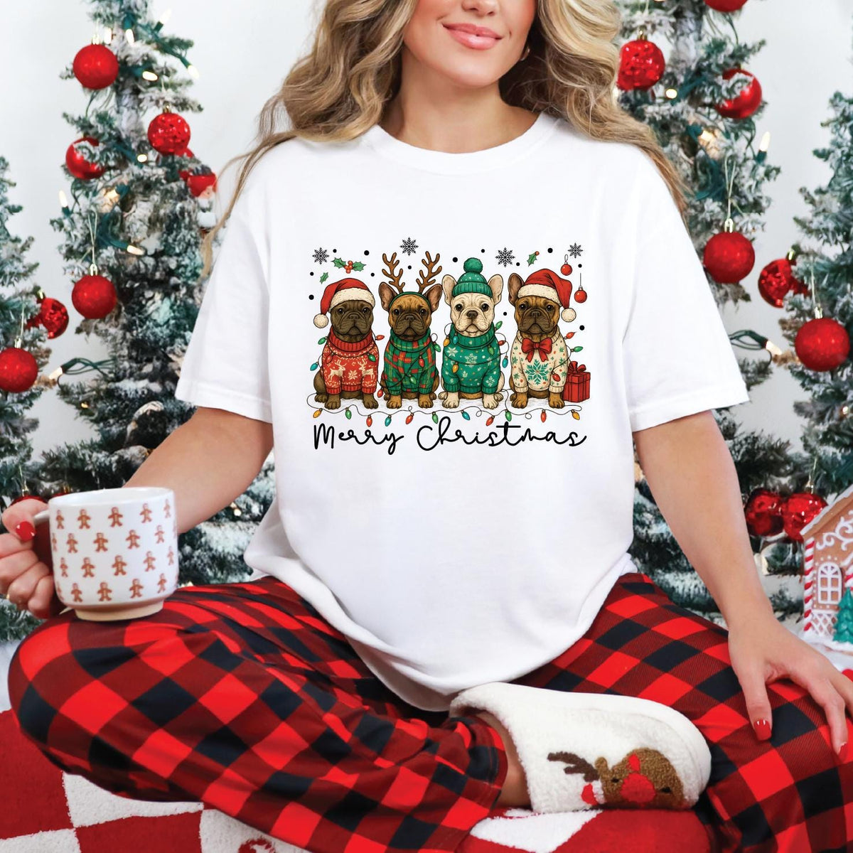 French Bulldog Christmas T-Shirt, All Sizes, Merry Christmas Frenchies Reindeer Antlers, Festive Dog Lover Gift