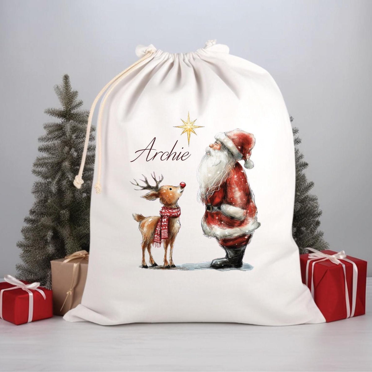 Personalised Santa Sack, Rudolph Reindeer Santa Sack, 50cm x 70cm, Cotton Linen, Christmas Gift Bag, Xmas Keepsake, Kids Stocking