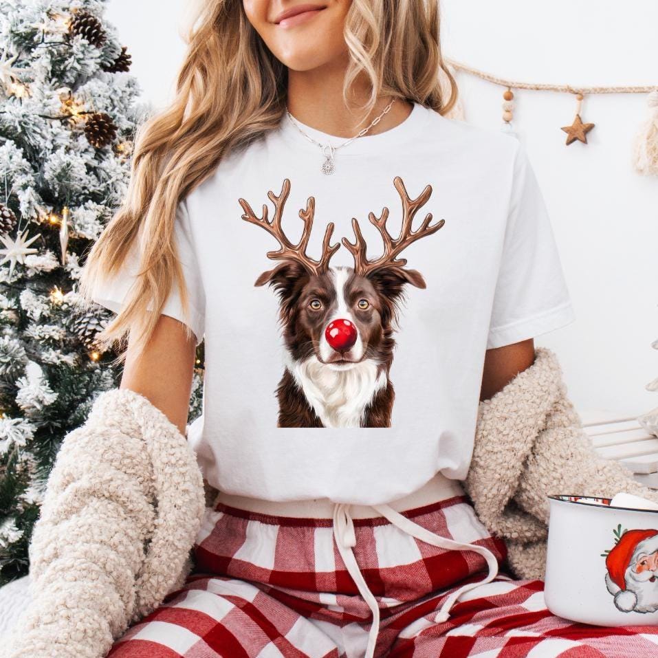 Border Collie Christmas T-Shirt, Multiple Sizes And Colours, Rudolph Reindeer Dog