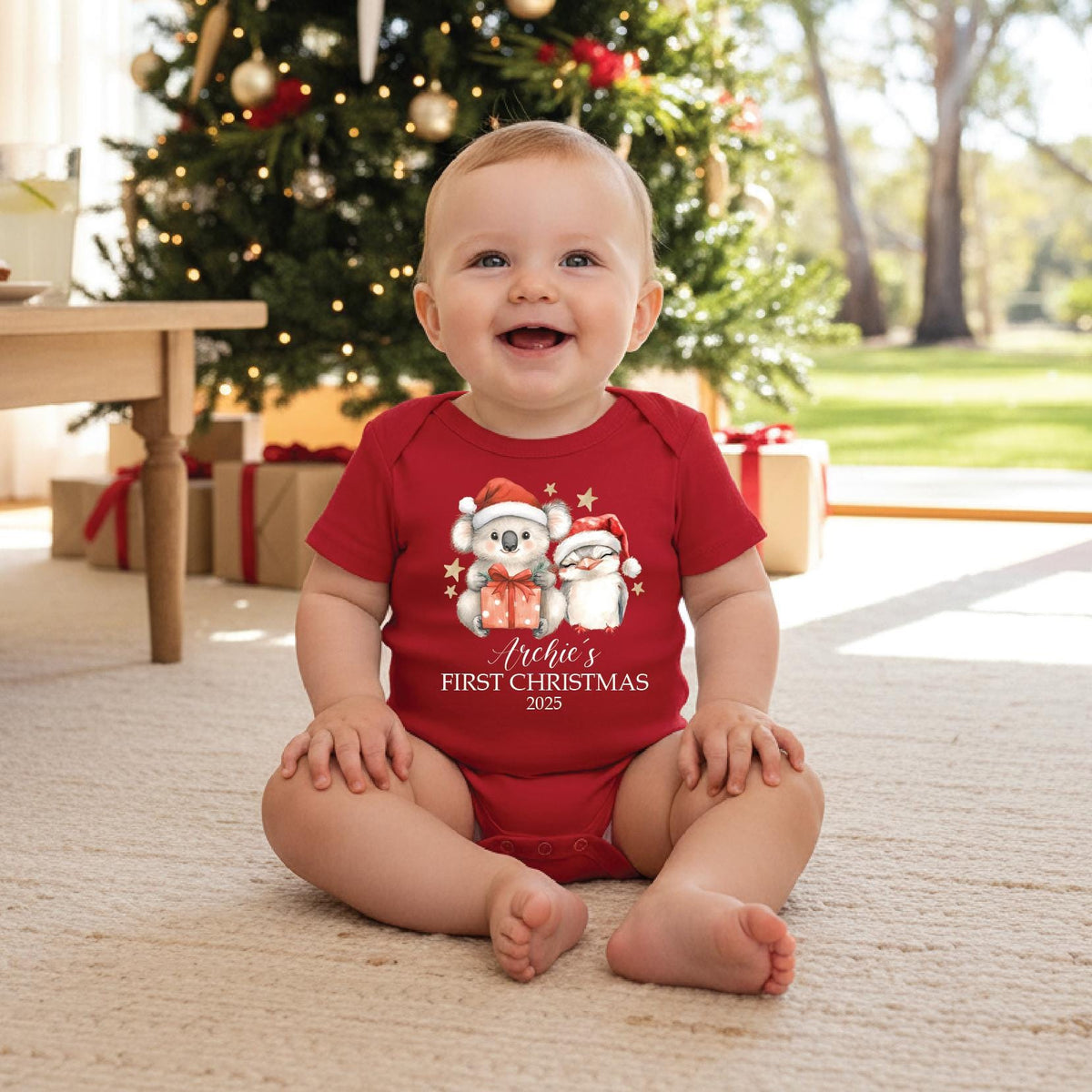 Personalised First Christmas Baby Bodysuit | Australian Animals 1st Christmas | Xmas Newborn Keepsake
