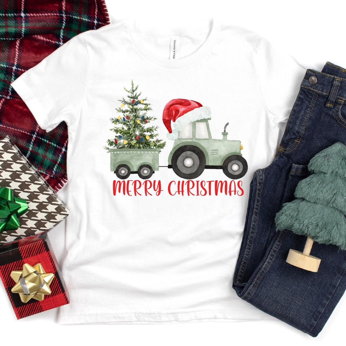 Merry Christmas Tractor T-Shirt, Christmas On The Farm, Santa's Tree Trailer