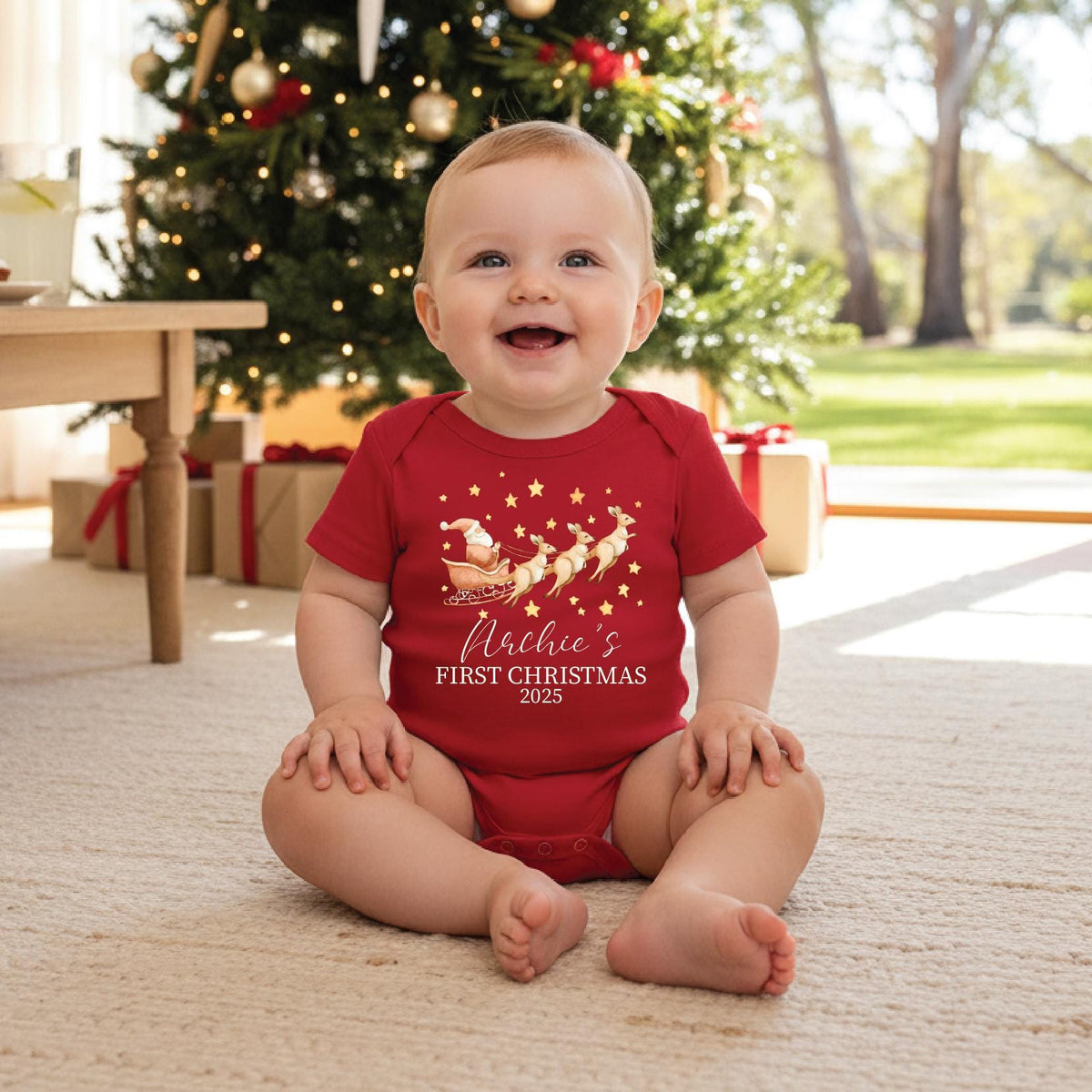 Personalised My 1st Christmas Bodysuit, Santa's Sleigh &amp; Kangaroos, First Xmas Baby Bodysuit, Australian Christmas