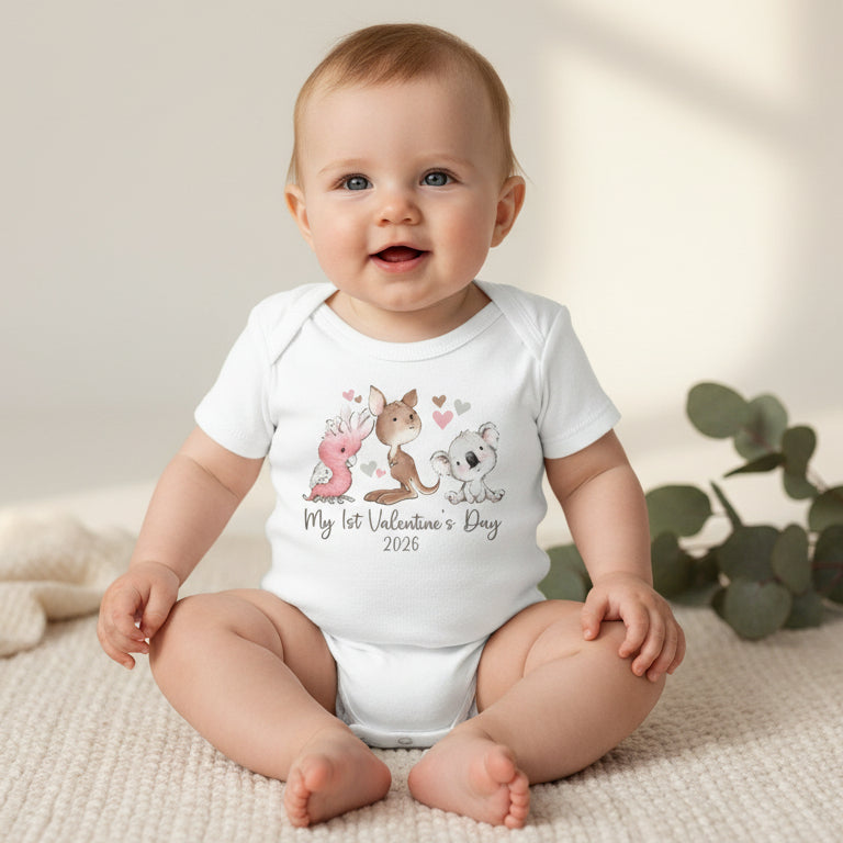 My 1st Valentine's Day With Custom Year, Long Or Short Sleeve Bodysuit, First Valentine's Day Baby Outfit With Australian Animals