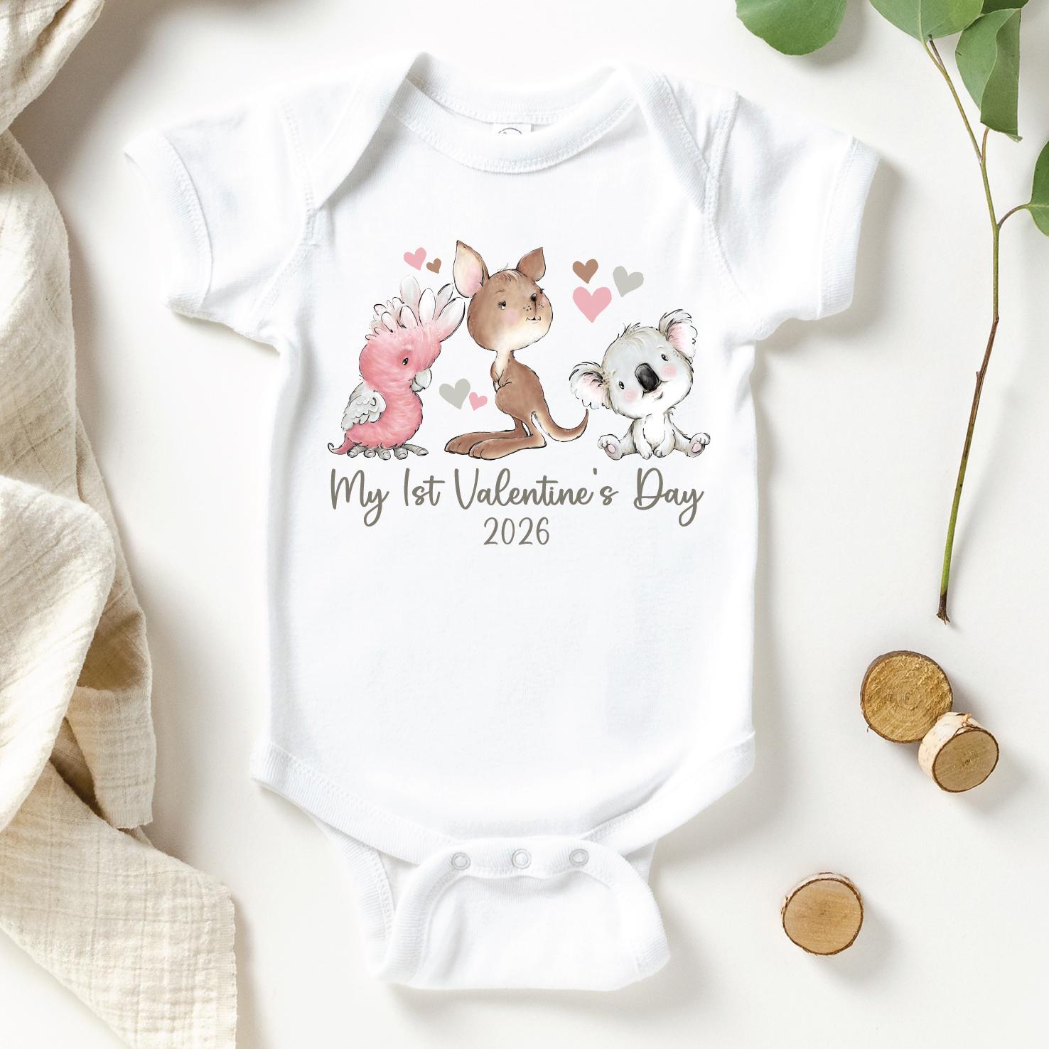 My 1st Valentine's Day With Custom Year, Long Or Short Sleeve Bodysuit, First Valentine's Day Baby Outfit With Australian Animals