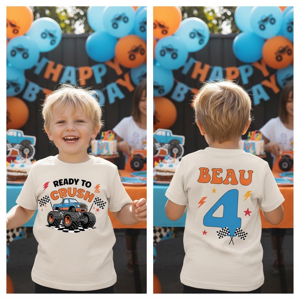 Ready To Crush T-Shirt, Custom Name And Age, More Colours, Crushing It Birthday T-Shirt, Monster Truck Theme Birthday Party