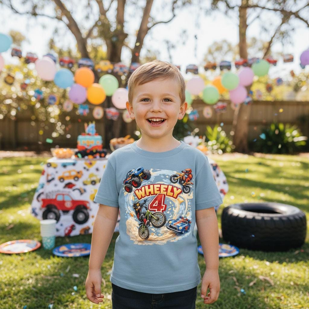 Wheely 4 Birthday Shirt | More Colours | 4th Birthday Car Shirt | Monster Truck Dirt Bike Party | Race Car Birthday | Vehicle Theme Shirt