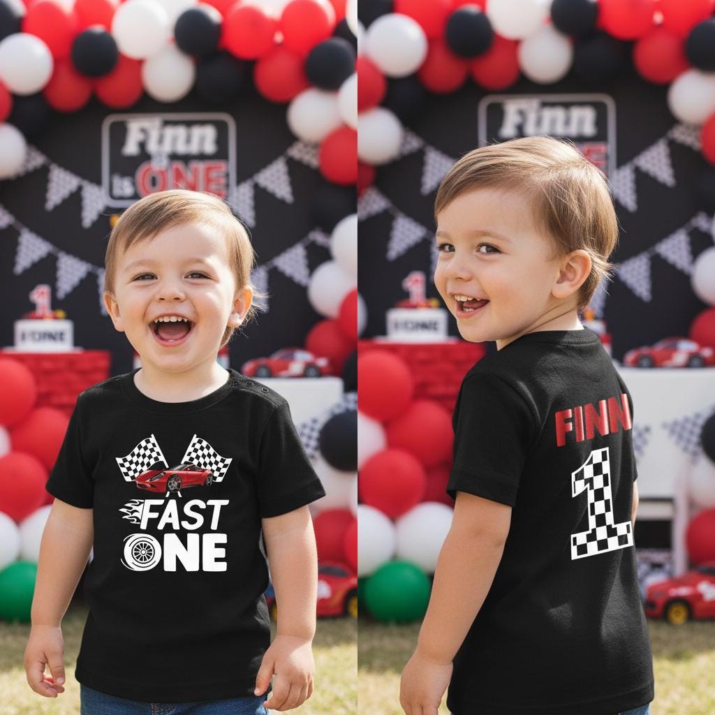 Personalised 1st Birthday T-Shirt, Fast One With Name &amp; Number On The Back, Racing Car First Birthday Shirt