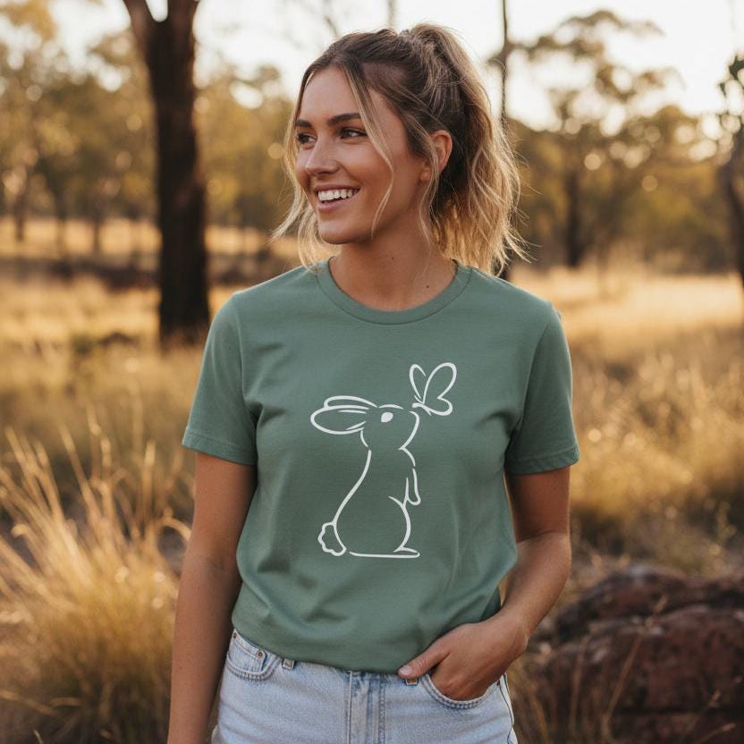 minimal bunny butterfly easter shirt sage green aesthetic line art tee australia