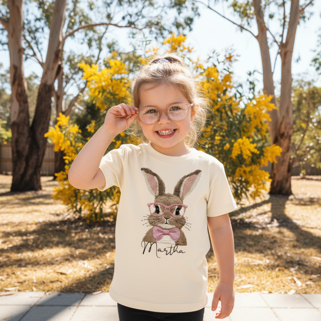 Beige t-shirt with a rabbit graphic and 'Martha' text on a white background