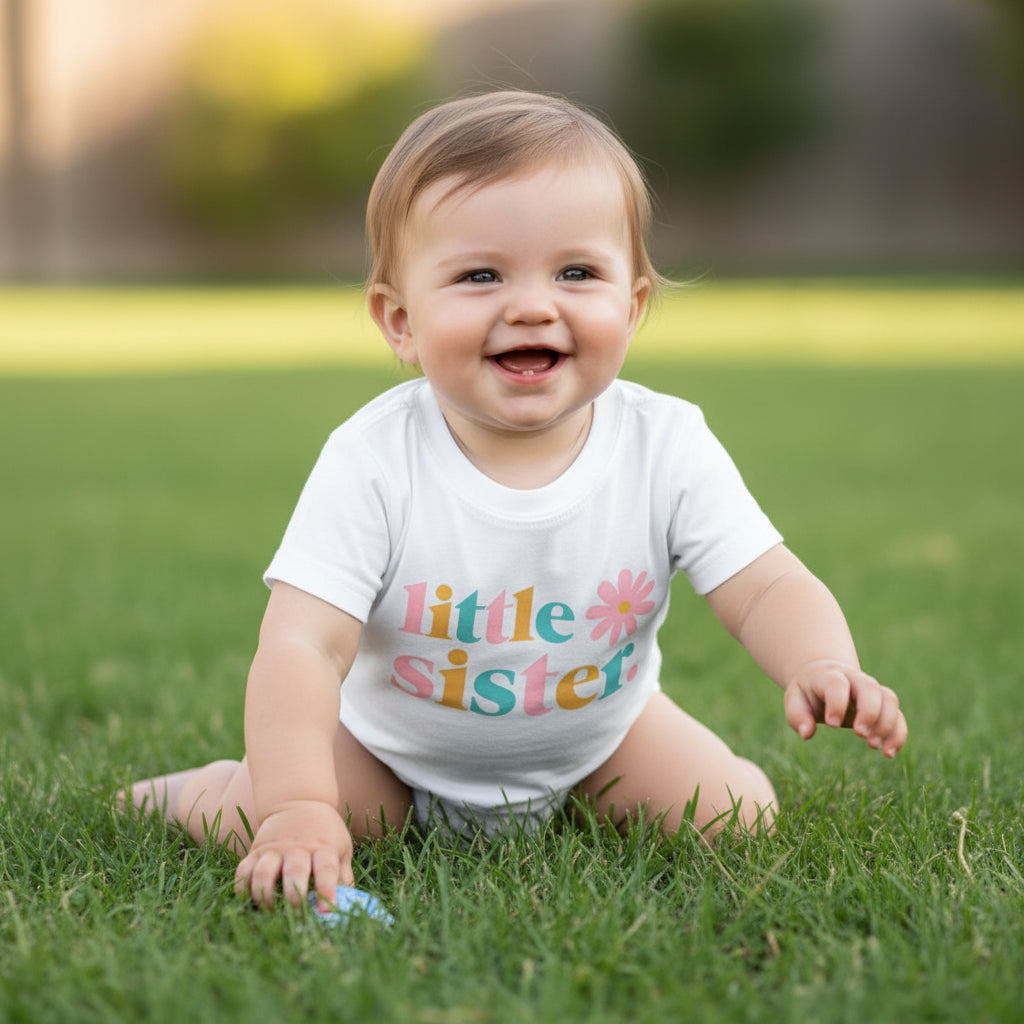 baby wearing little sister shirt pastel floral sibling reveal outfit australia