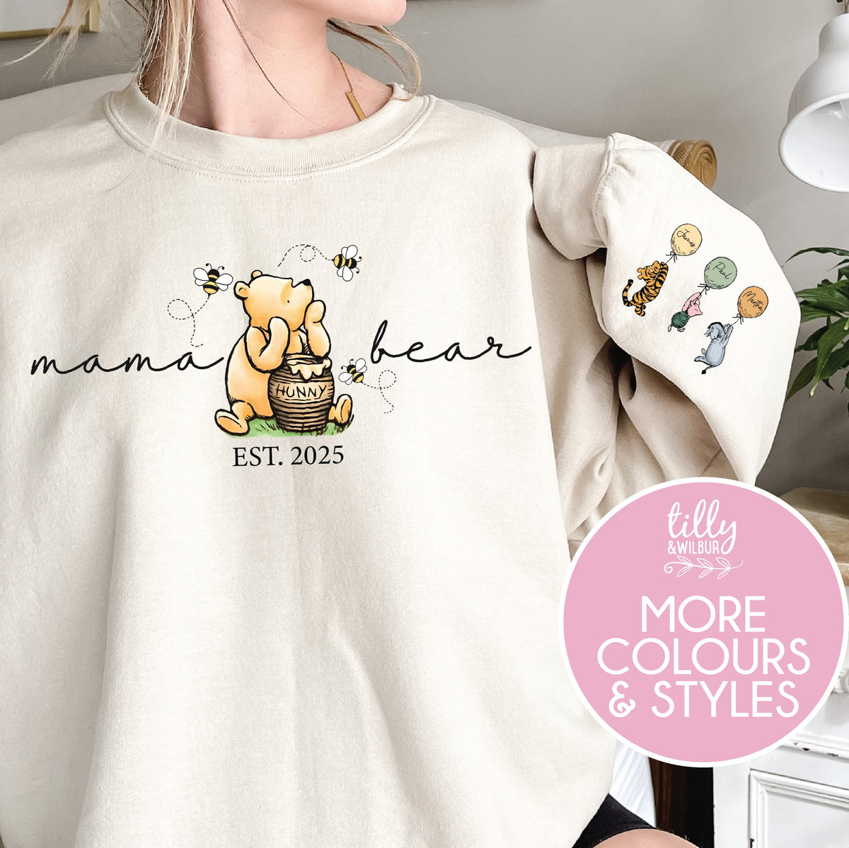 Classic Winnie the Pooh Mother&#39;s Day Gift, With Est Year and Character with Name/s on Sleeve