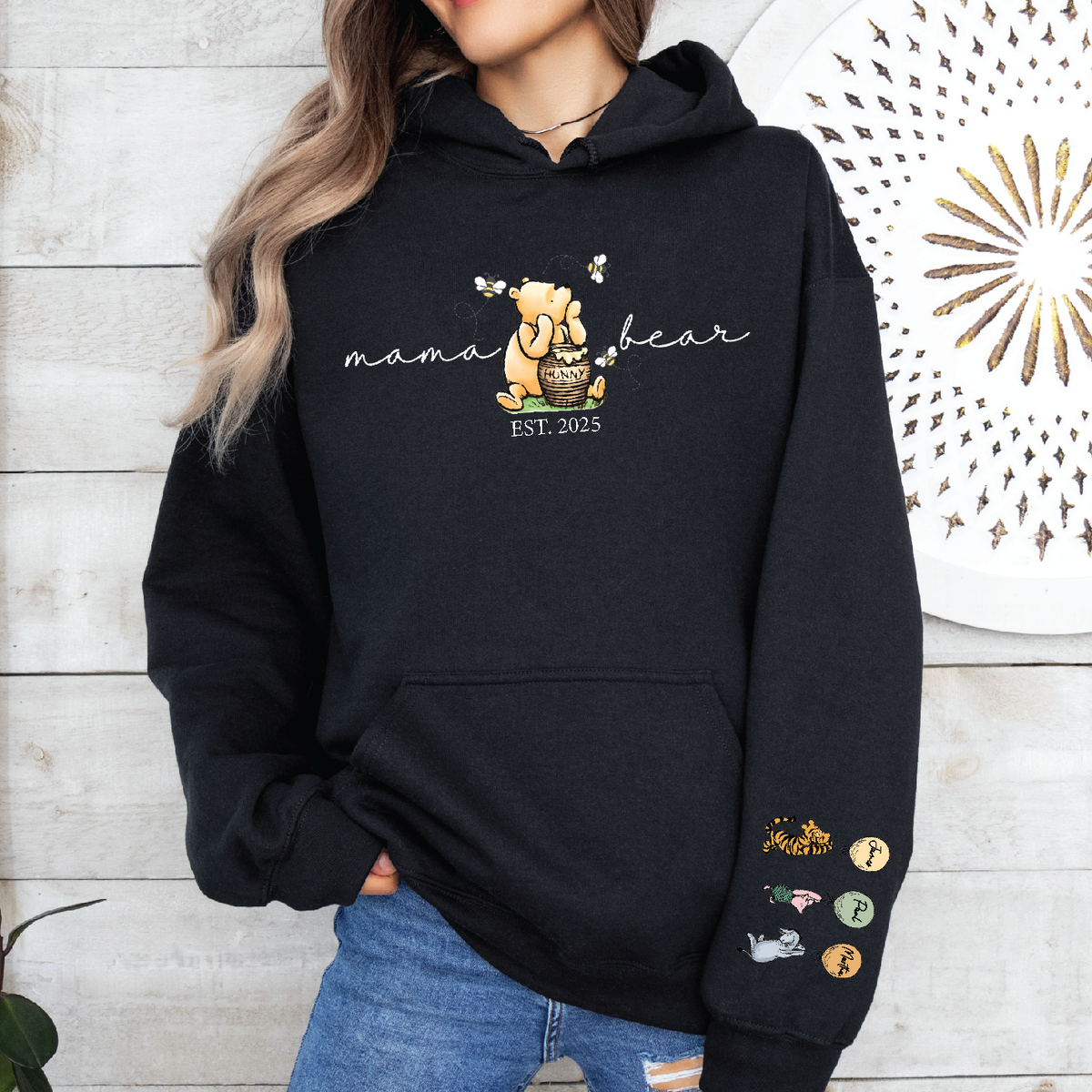 Classic Winnie the Pooh Mother&#39;s Day Gift, Black Hoodie With Est Year and Character with Name/s on Sleeve