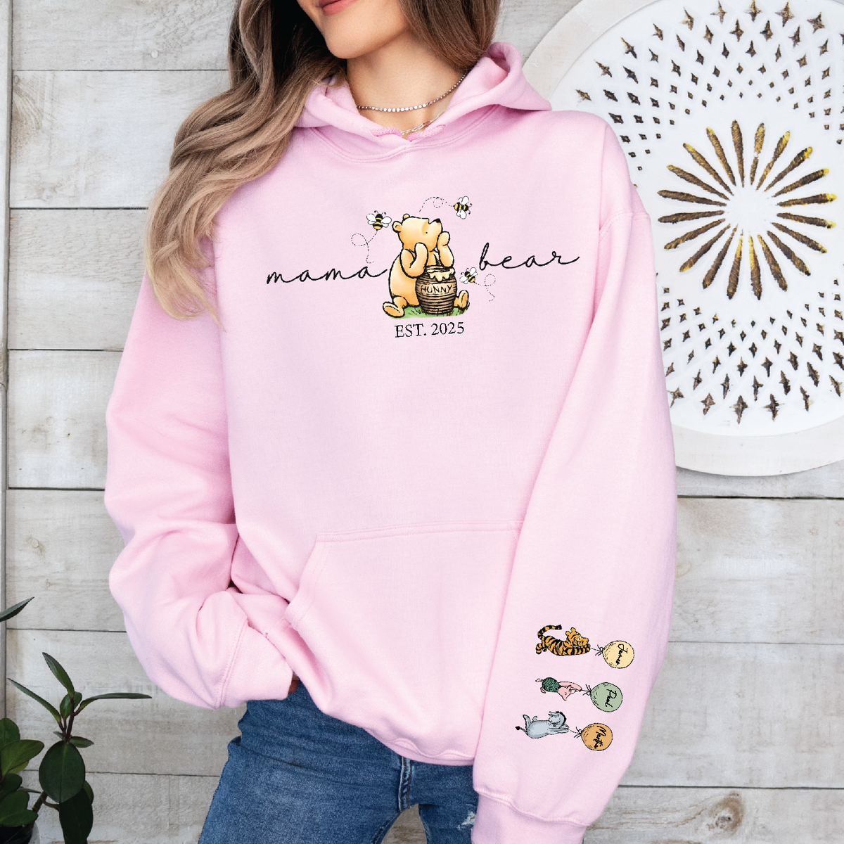 Classic Winnie the Pooh Mother&#39;s Day Gift, Pink Hoodie With Est Year and Character with Name/s on Sleeve