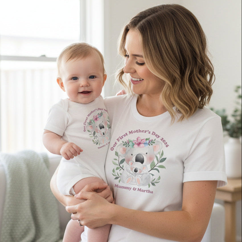 our first mothers day matching shirts mum and baby, personalised koala outfit set, first mothers day gift australia
