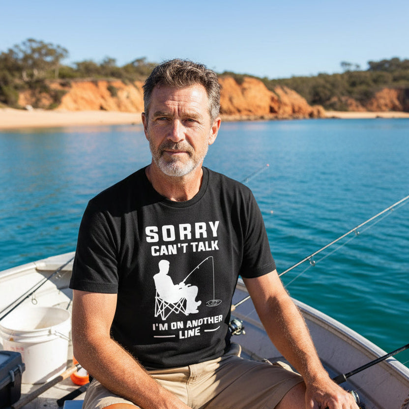Man standing in a creek wearing a grey funny fishing t-shirt that says Sorry Can’t Talk I’m On Another Line