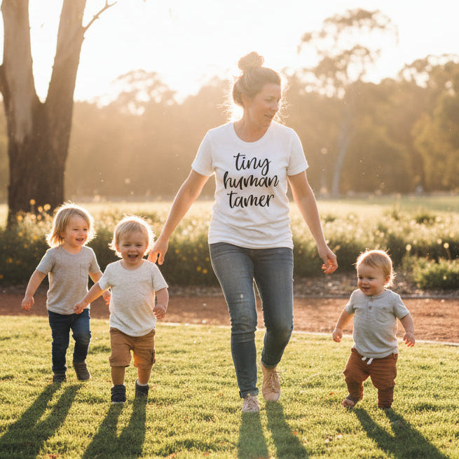 Tiny Human Tamer slogan printed on t-shirt, Mother’s Day gift idea