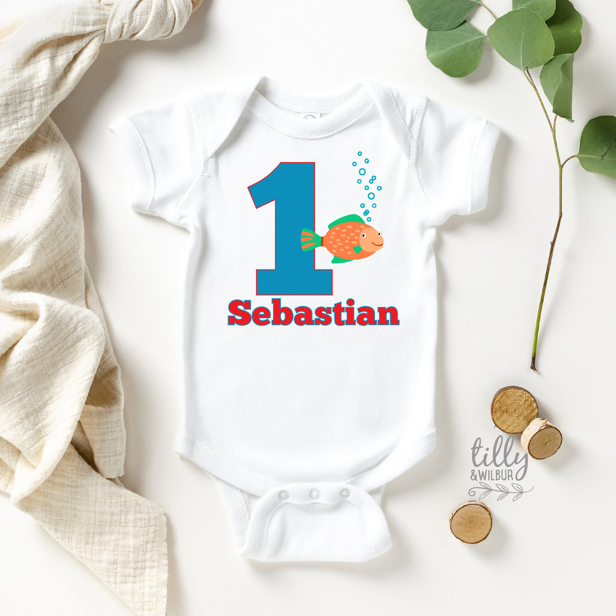 1st Birthday Bodysuit With Fish &amp; Personalised Name