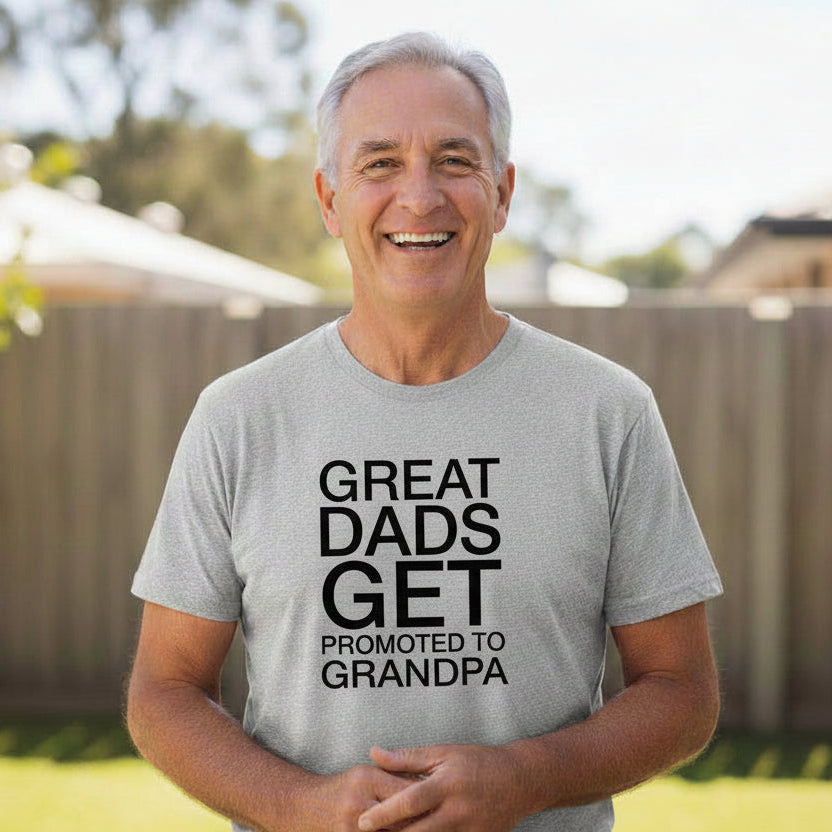 Great Dads Get Promoted To Grandpa T-Shirt For Men, Men's Shirt Gift For Pregnancy Announcement, Family Reveal, Cotton T-Shirt, M-GY-SS-T