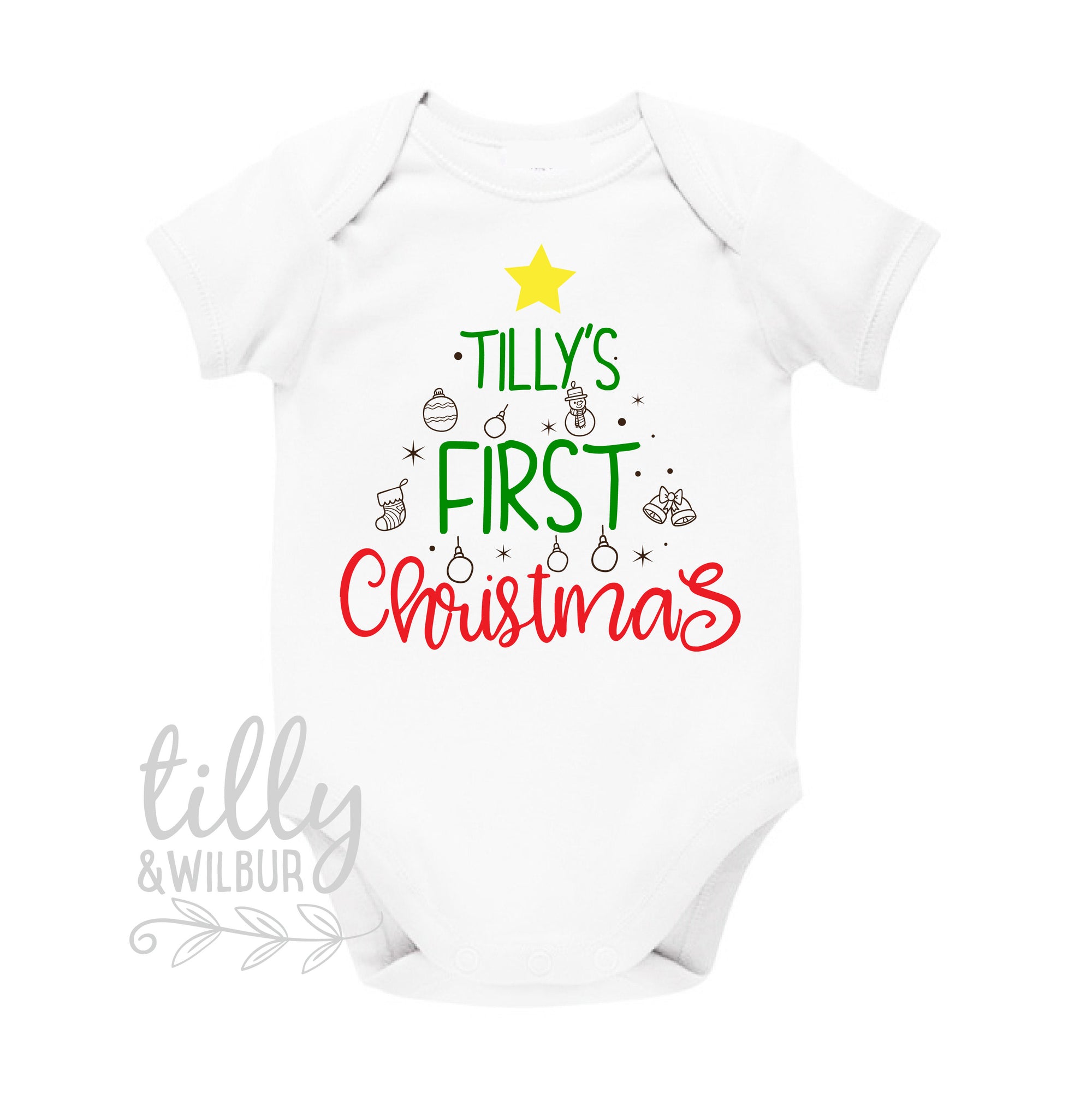 Personalised 1st Christmas Outfit With Baby's Name, First Xmas Baby Bodysuit, Unisex Baby Clothes, Personalised New Baby's First Christmas