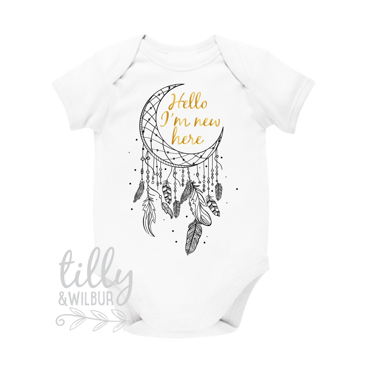 Hello I&#39;m New Here Baby Bodysuit, Hello I Am, Newborn Gift, Newborn Outfit, Newborn Baby, New Baby, New Baby Gift, Dreamcatcher, Moon, Gold