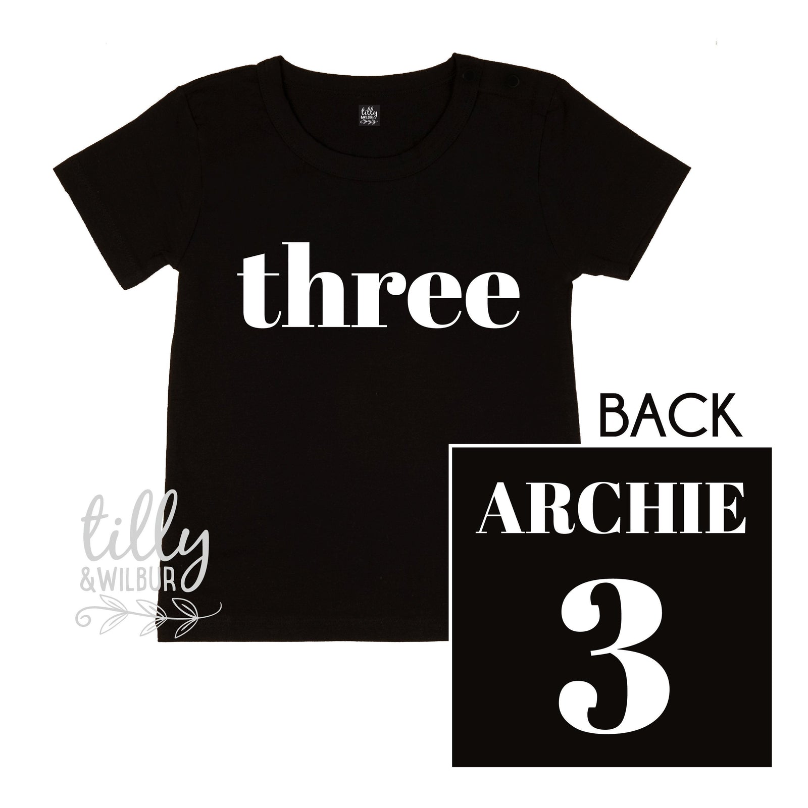 Three Personalised Boys Birthday T-Shirt, 3rd Birthday Gift, Three Birthday Tee, Name And Number 3 On Back Of Shirt, Cake Smash Outfit, Boy