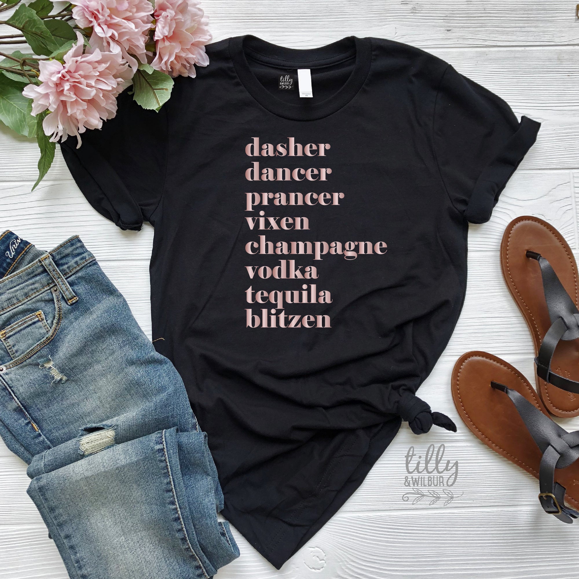 Funny Women&#39;s Christmas Gift, Drinking Christmas T-Shirt, Dasher, Dancer, Prancer, Vixen, Champagne, Vodka, Tequila, Blitzen T-Shirt, Funny