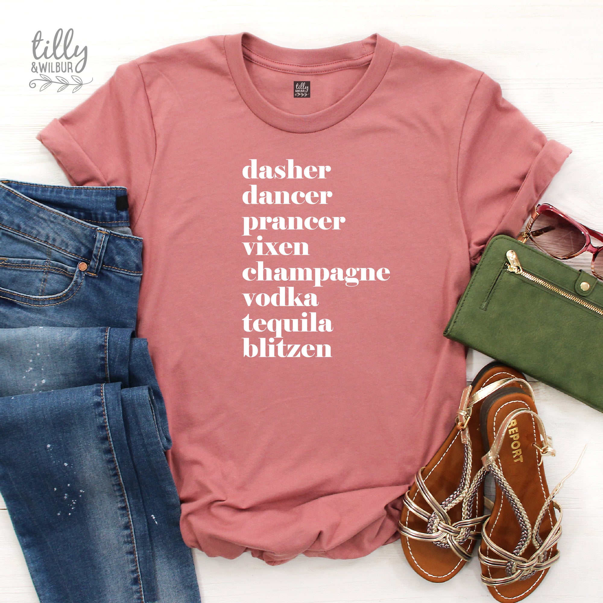 Funny Women&#39;s Christmas Gift, Drinking Christmas T-Shirt, Dasher, Dancer, Prancer, Vixen, Champagne, Vodka, Tequila, Blitzen T-Shirt, Funny