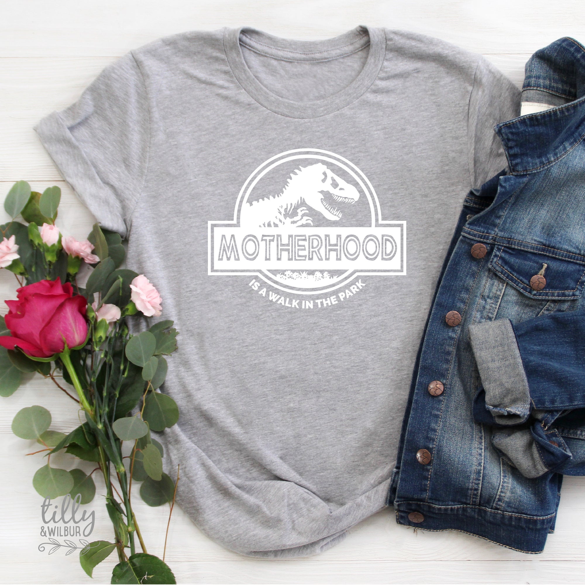Motherhood Is A Walk In The Park Women&#39;s T-Shirt, Funny Mum Tee, Dinosaur Mum Shirt, Mother&#39;s Day Gift, Jurassic Park Mum Gift, Mamasaurus