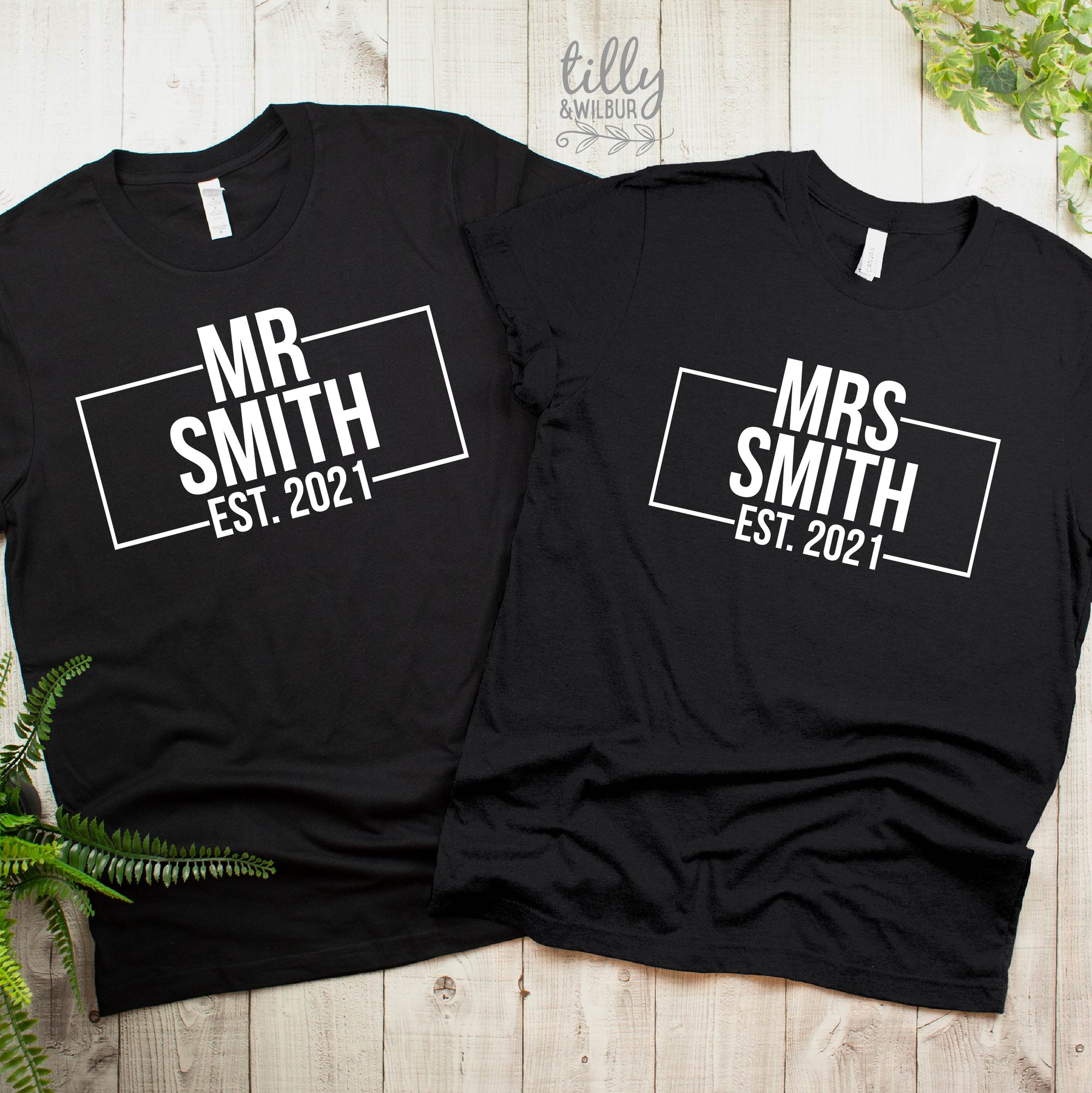 Mr and Mrs Personalised T-Shirt Set, Honeymoon Outfits, Wedding Gift, His and Hers Matching Clothing, Mr and Mrs Tees With Surname And Date