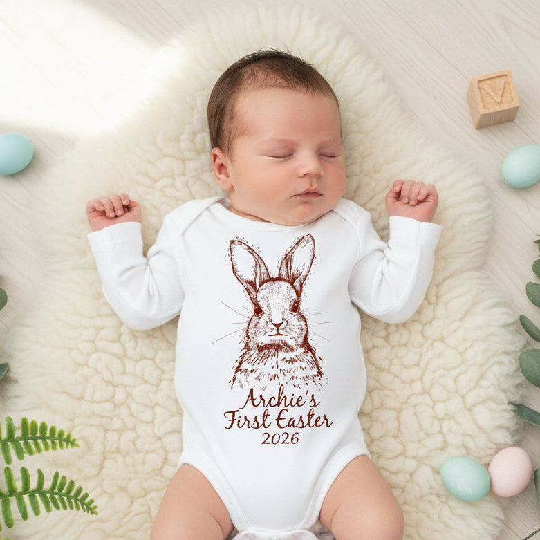 Personalised first Easter bunny bodysuit with custom name and year for baby