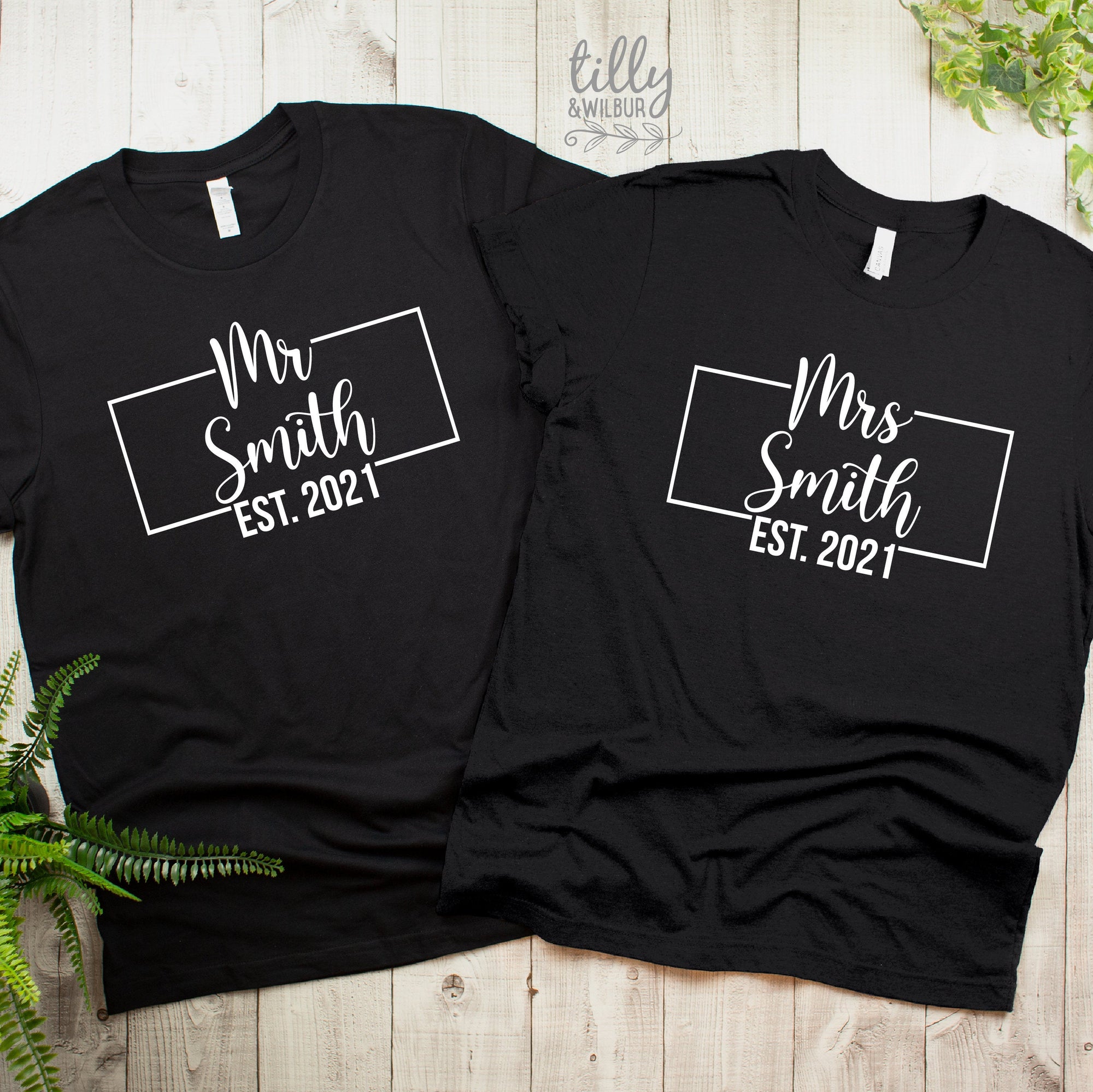 Mr and Mrs Personalised T-Shirt Set, Honeymoon Outfits, Wedding Gift, His and Hers Matching Clothing, Mr and Mrs Tees With Surname And Date