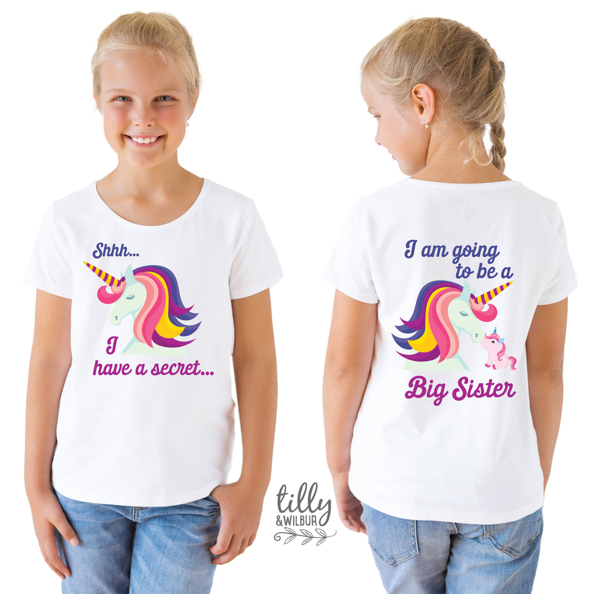 Shhh I Have A Secret I&amp;#39;m Going To Be A Big Sister T-Shirt for Girls, Unicorn Sister, Big Sister T-Shirt, Pregnancy Announcement T-Shirt