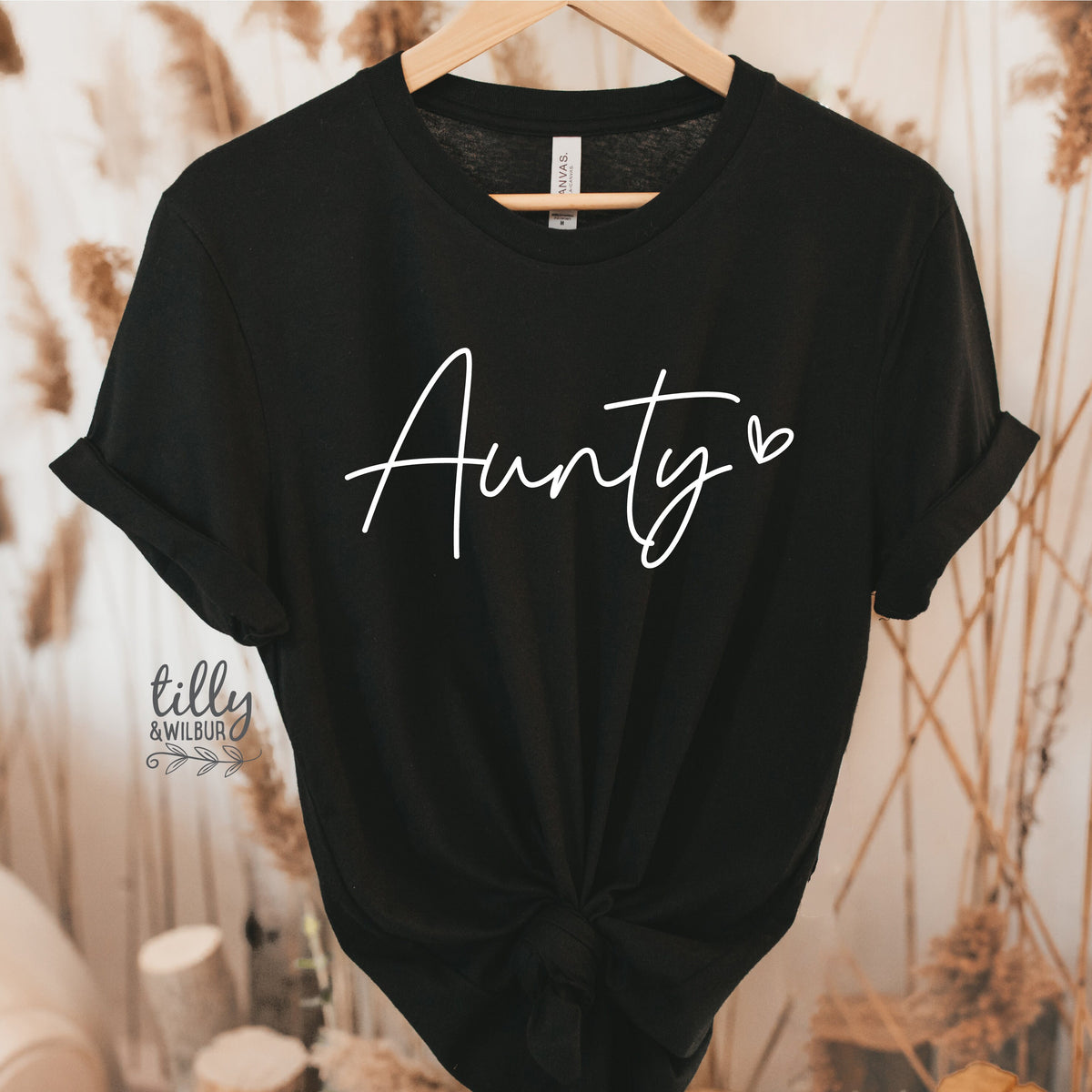 Black aunty t-shirt with minimalist script design printed in Australia